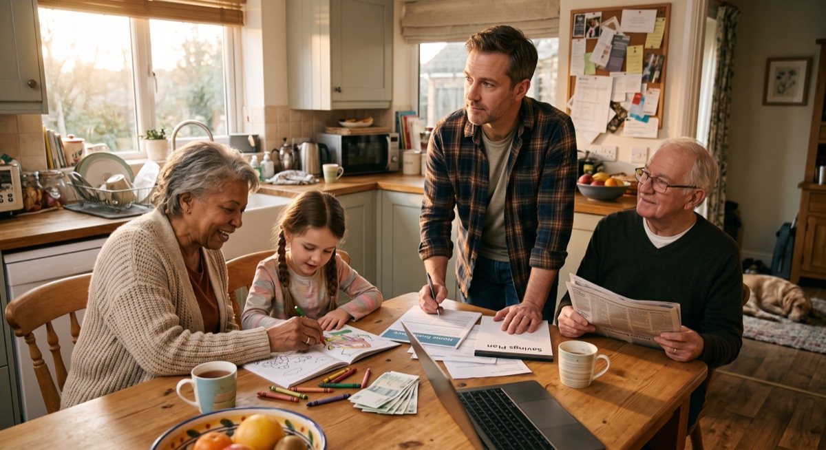 A multigenerational North American family at the kitchen table reviewing a savings plan together