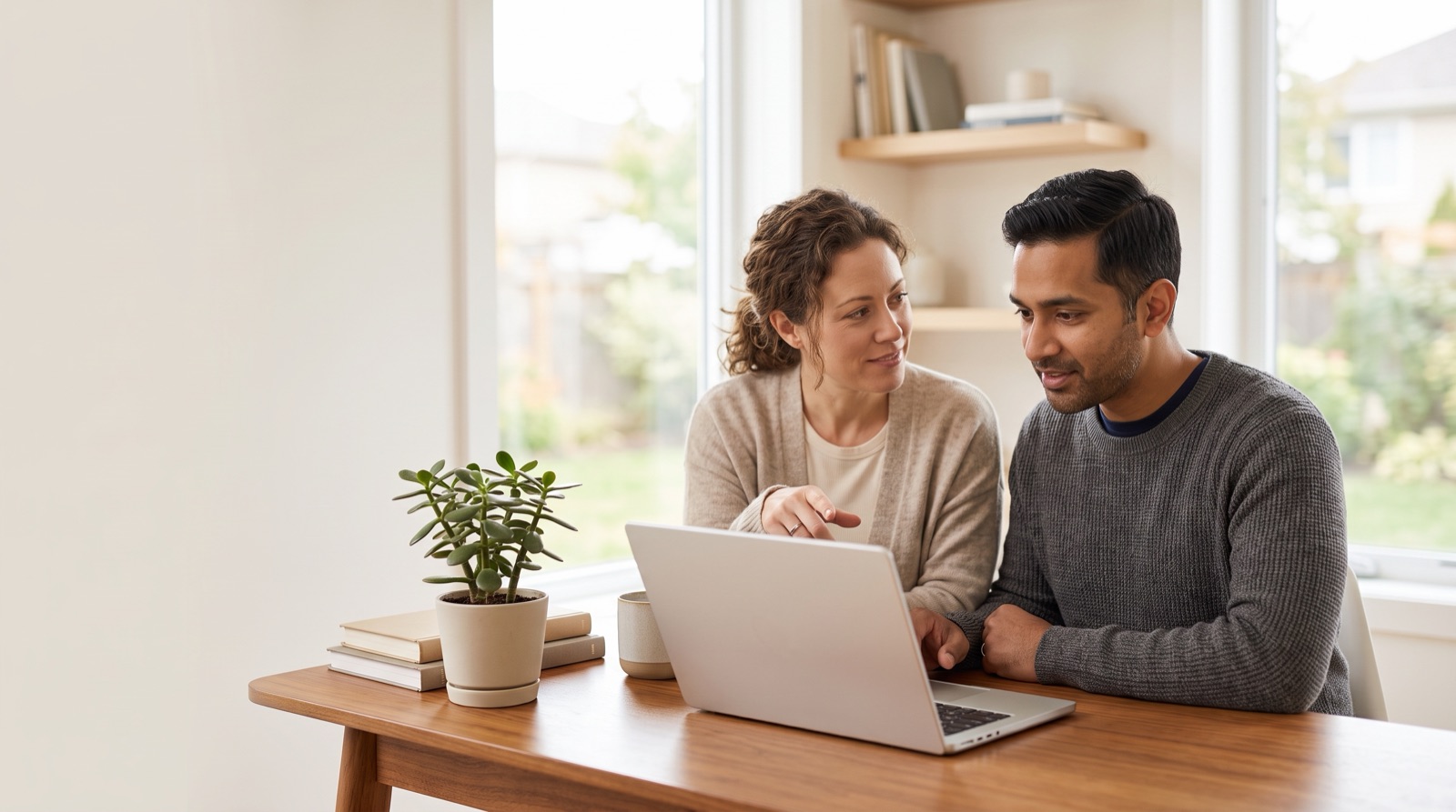 A couple reviewing estate-planning guides together on a laptop in their home office
