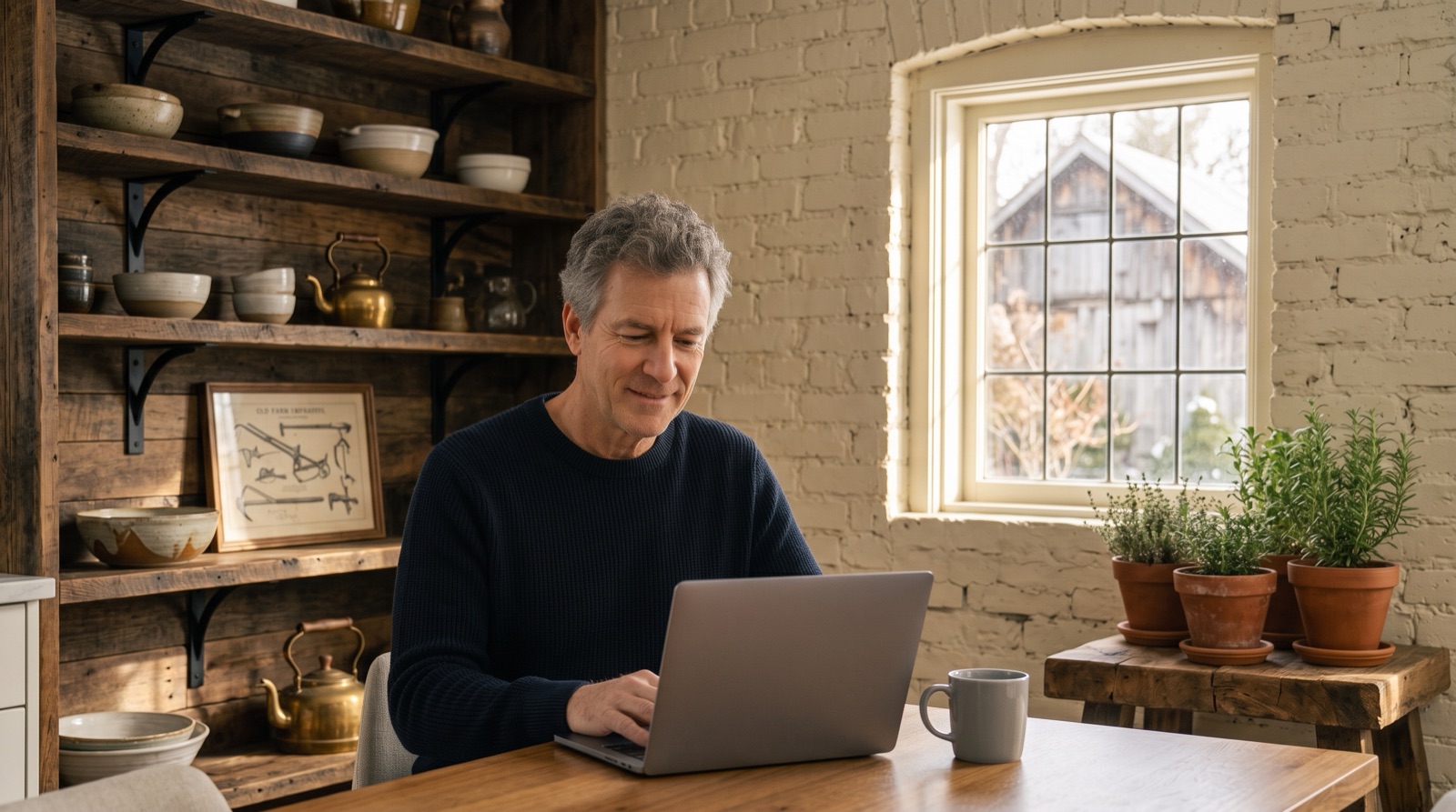 A calm homeowner reviewing estate matters on a laptop at a sunlit kitchen table