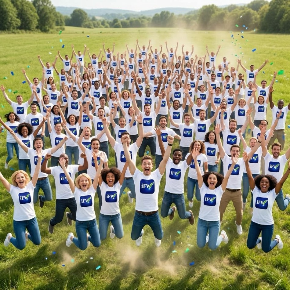 A large, diverse group of people wearing iFinallyWill shirts celebrating together in a field