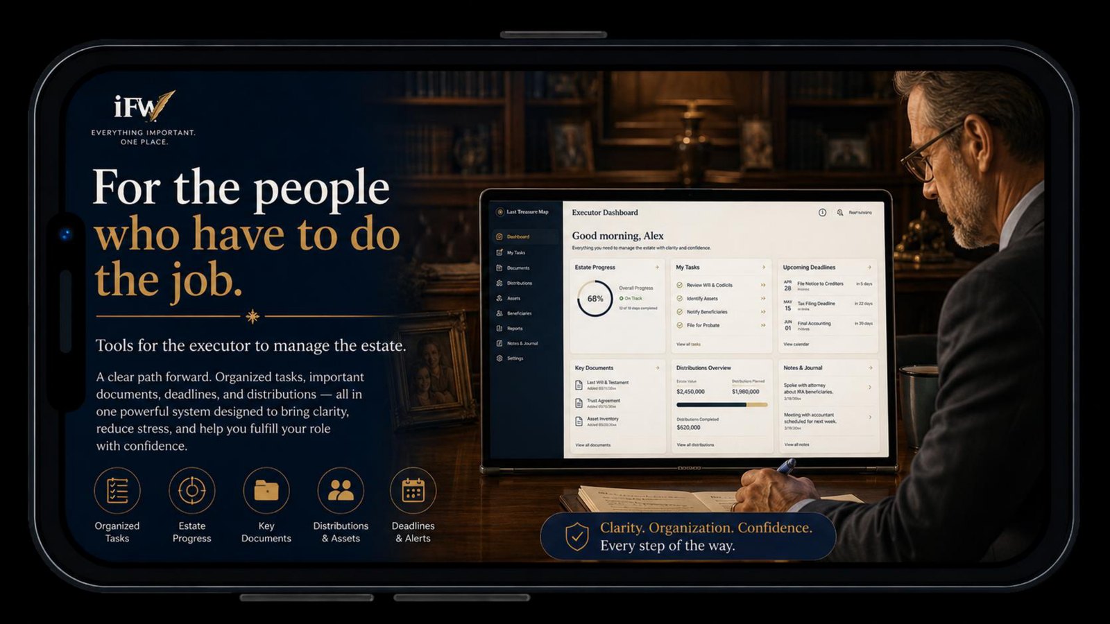 The Executor Plan — for the people who have to do the job. An Executor Dashboard showing estate progress, tasks, key documents, distributions, and upcoming deadlines.